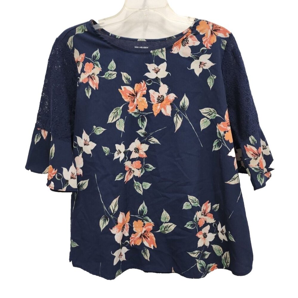 Van Heusen Womens BOHO Blouse Top Large Navy Floral Lace Bell Sleeve